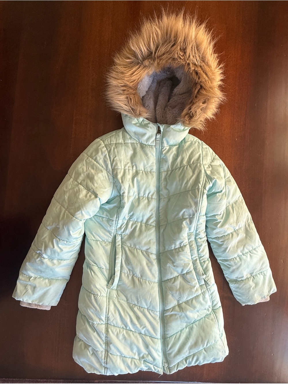 Long Puffer Coat with Faux Fur Hood